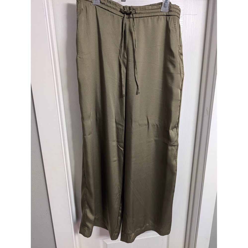 DKNY Chic Womens Olive Green Satin Wide Leg Drawstring Pants Size Large NWT